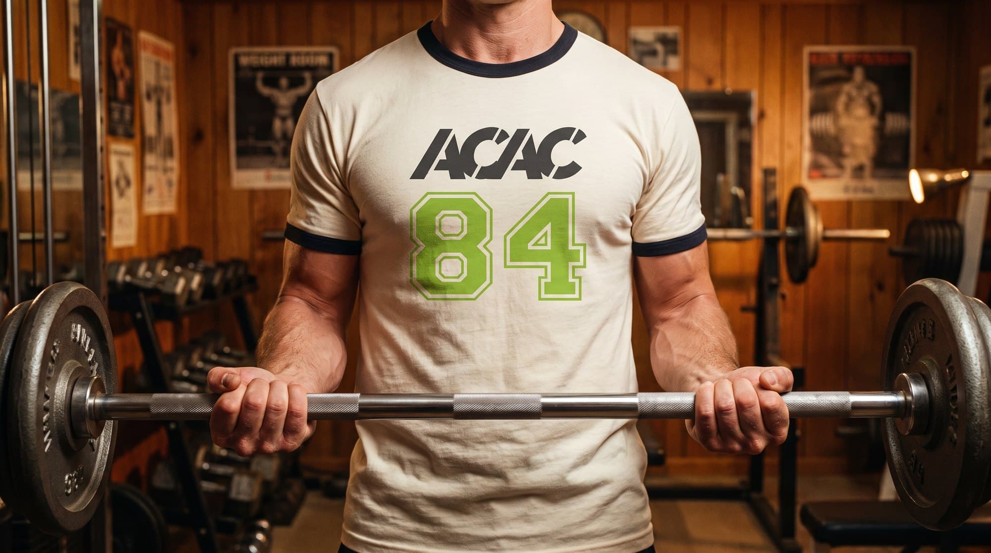 An acac member lifting in the Club 84 ringer tee